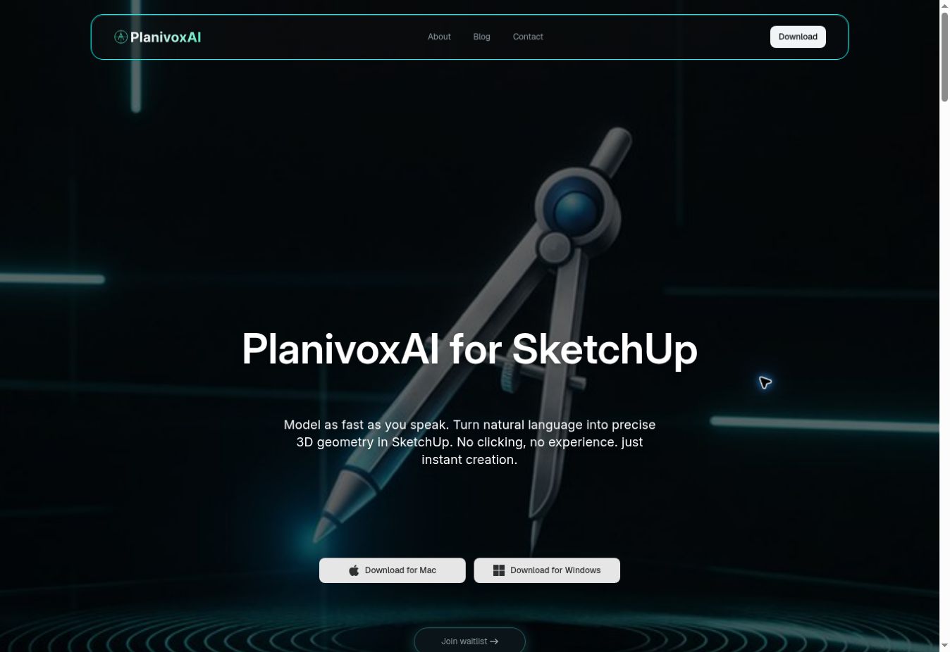צילום האתר החי של PlanivoxAI המציג תוסף ליצירת מודלים בתלת־ממד בשפה טבעית