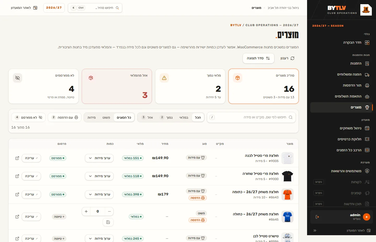 The admin's products screen: summary tiles, filters and a product list with stock per size, price, printing type and publish status