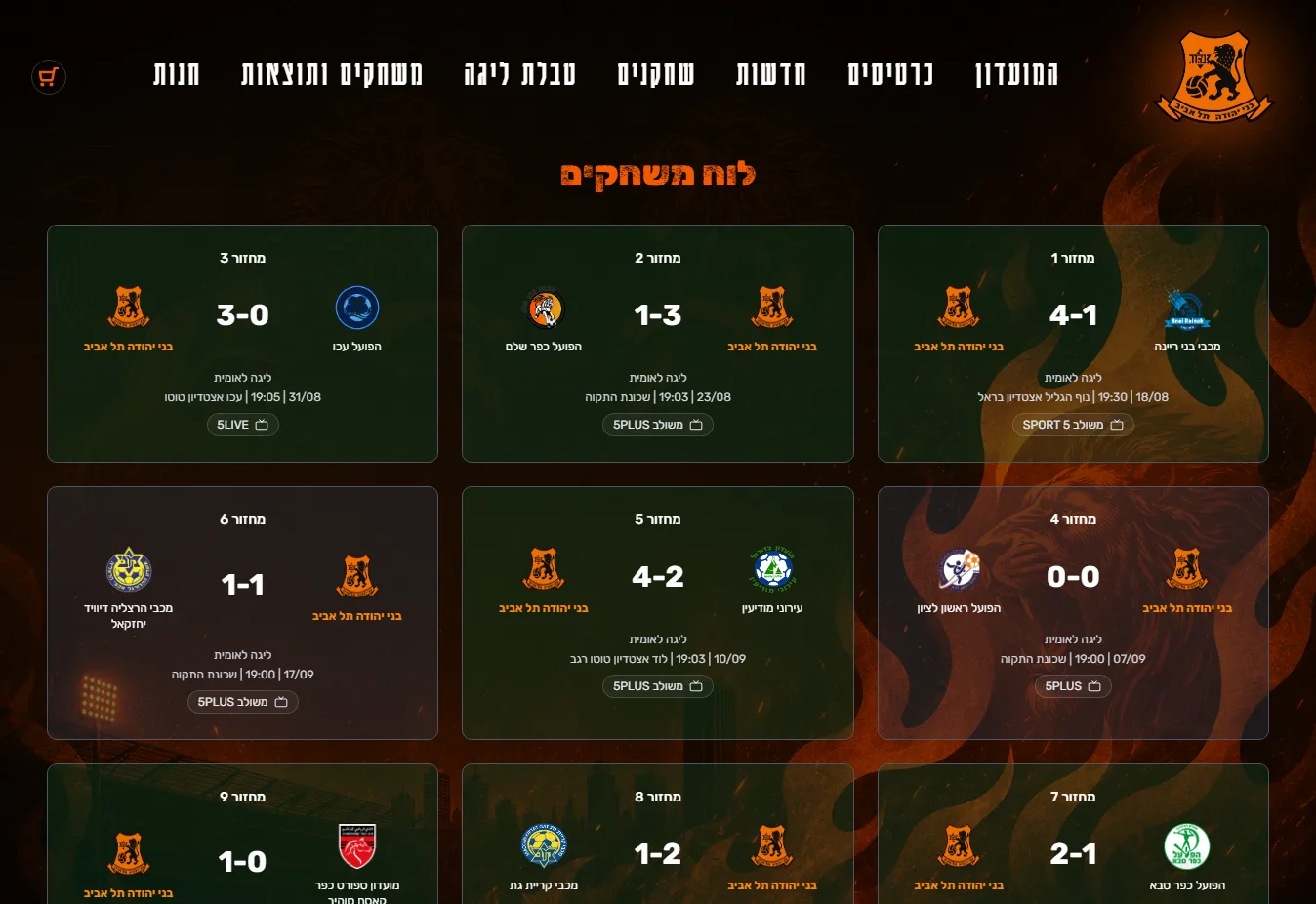 The fixtures page: match cards by round with crests, the score, the league, date, stadium and broadcaster