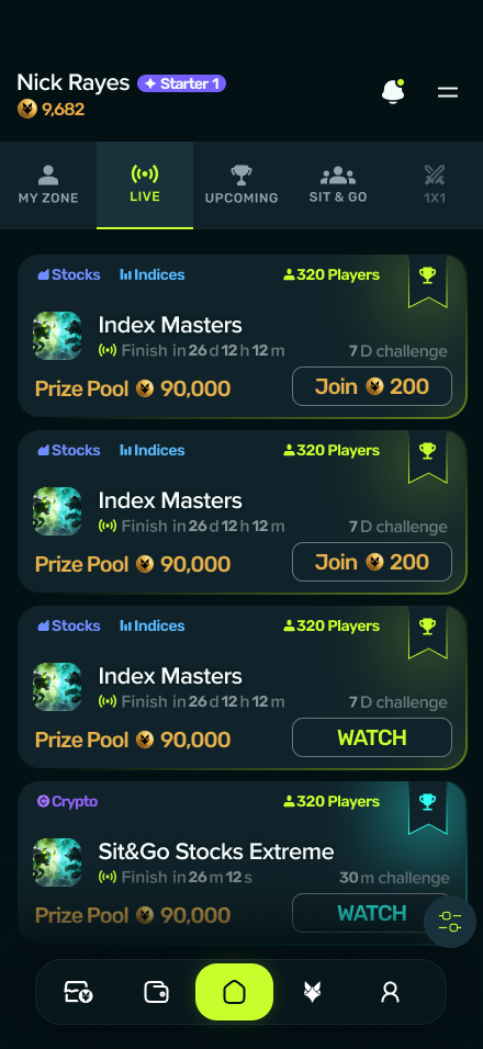 The Dividandy tournament arena — live tournaments with prize pools, entry fees and player counts