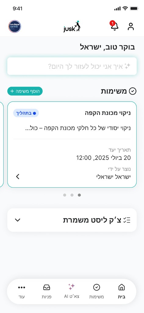 JUSK employee home screen — greeting, AI assistant, open tasks and shift checklist
