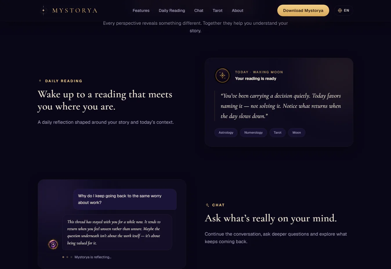 עמוד החוויה של Mystorya: כרטיס 'Your reading is ready' עם ציטוט הקריאה של היום, ולידו שיחת צ'אט שבה Mystorya משיבה בהקשר אישי