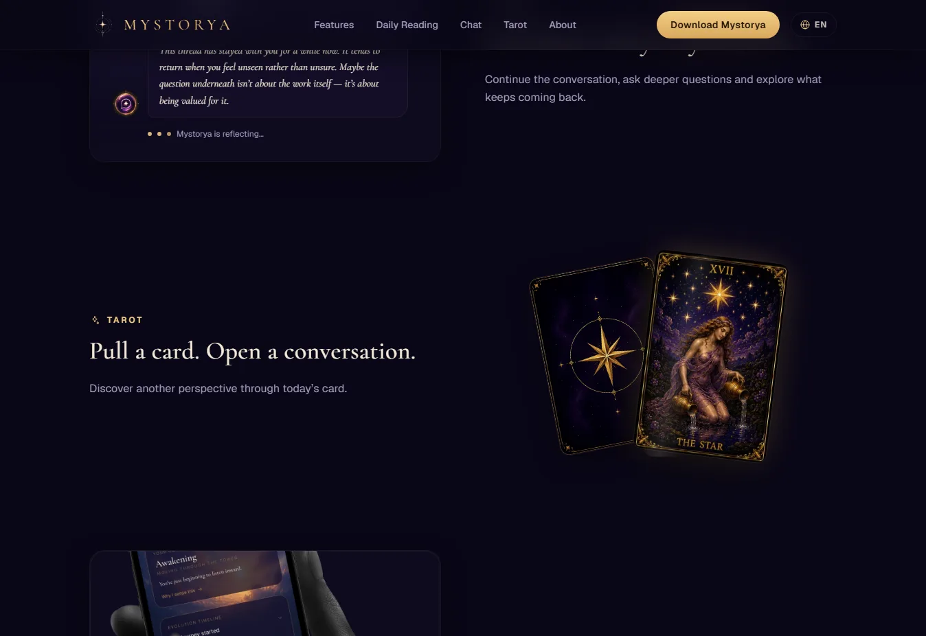 אזור הטארוט באתר Mystorya: 'Pull a card. Open a conversation.' לצד שני קלפים מאוירים — גב החפיסה והקלף 'The Star'