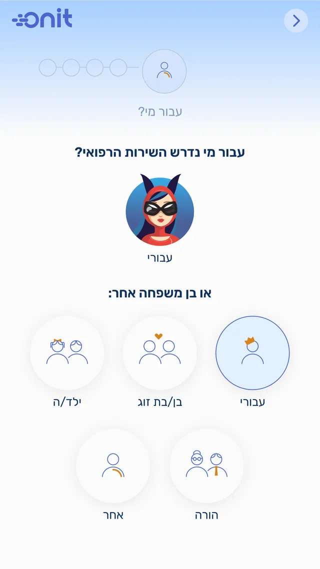 Onit's 'who is this for?' screen — choosing between the user and family members, with an add-family-member button