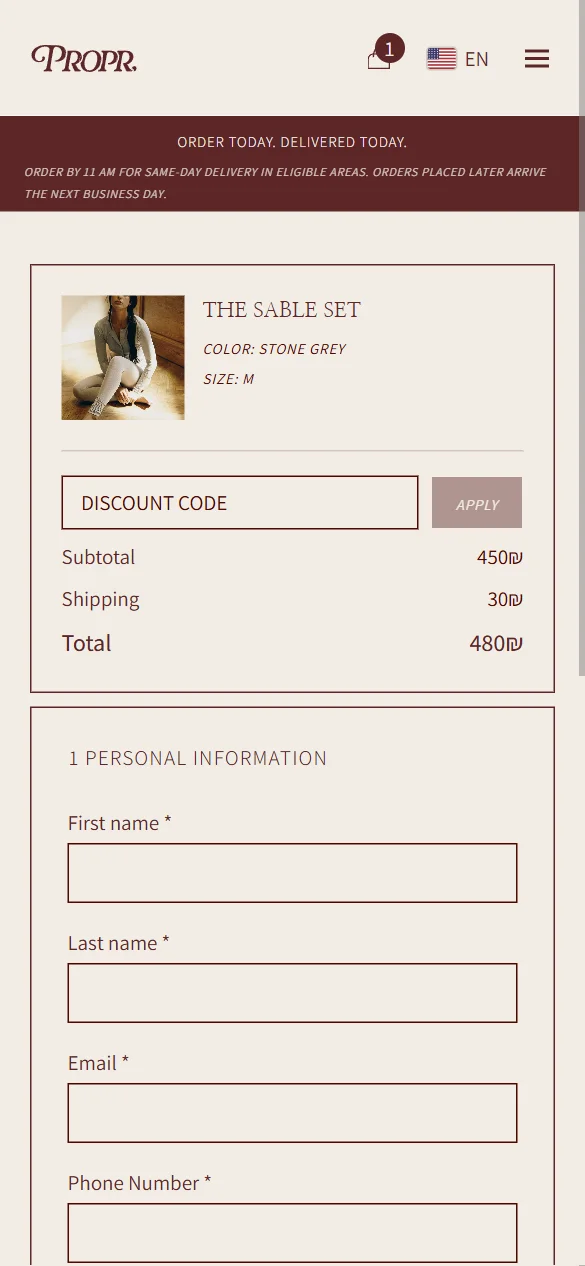 PROPR checkout on mobile — order summary with discount code, subtotal, shipping and total, and step 1 personal information