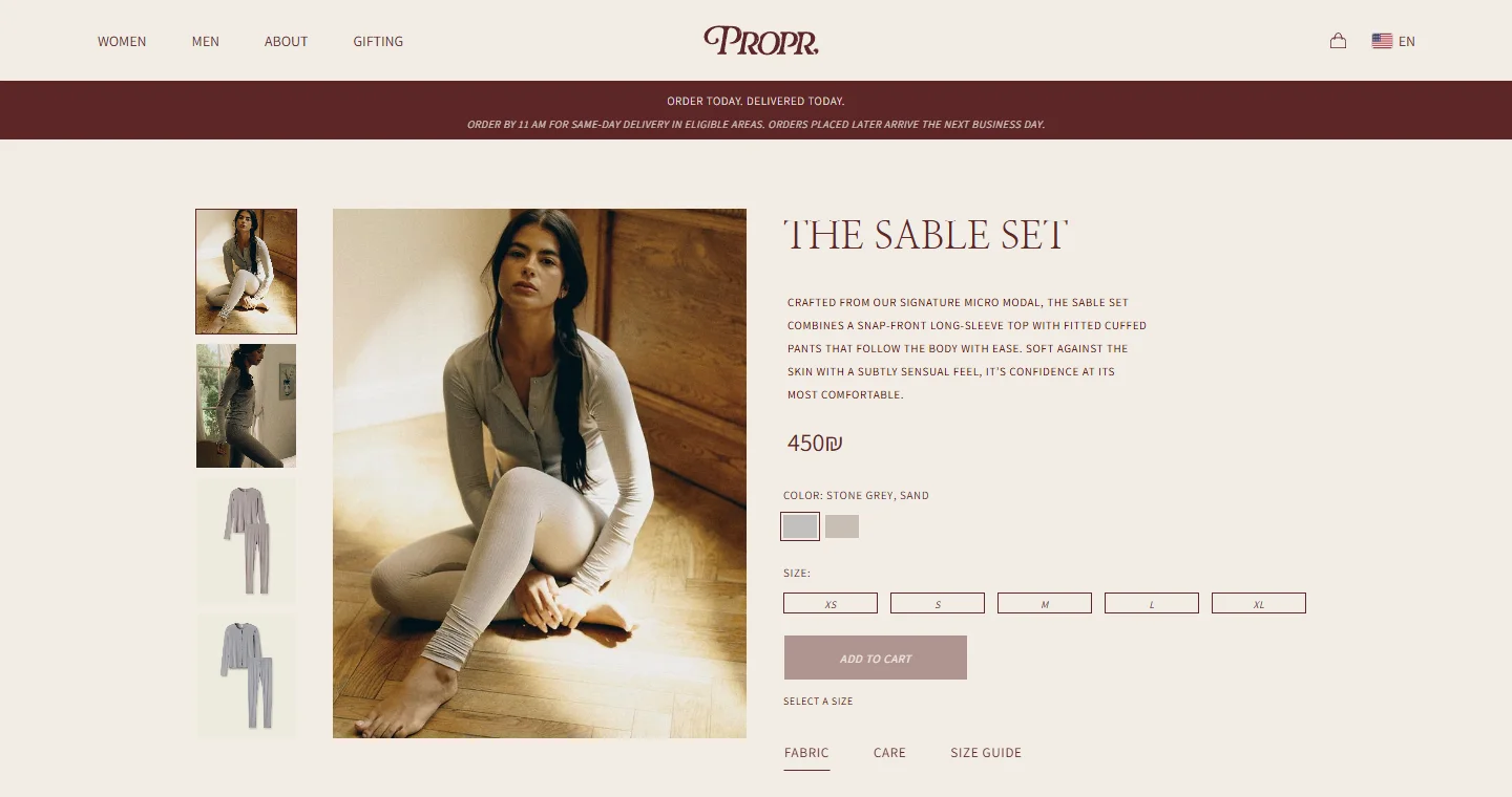 The Sable Set product page on PROPR desktop — gallery, color and size selection, add to cart and fabric, care and size-guide tabs